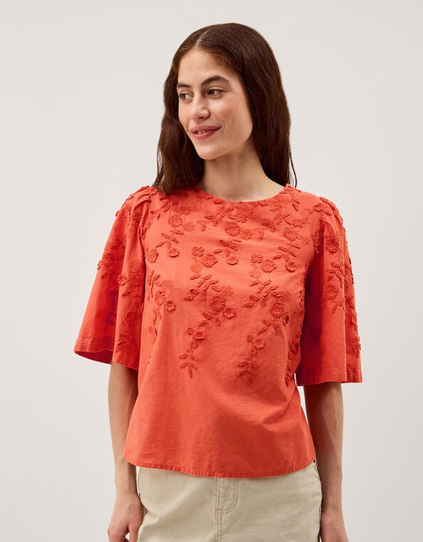 Georgia Floral Embroidered Top, Orange (ORANGE), large