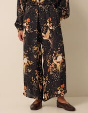 Clemence Seraphine Floral Print Satin Wide Leg Trousers, Black (BLACK), large