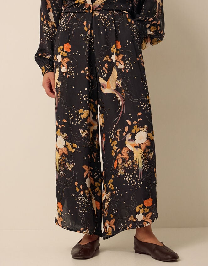 Clemence Seraphine Floral Print Satin Wide Leg Trousers, Black (BLACK), large