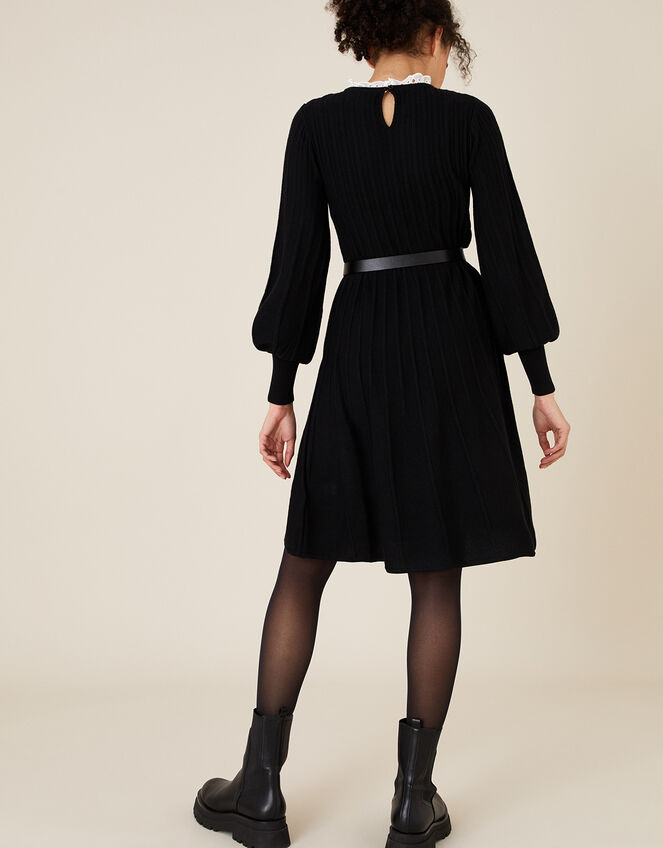 Woven Collar Knit Knee-Length Dress, Black (BLACK), large