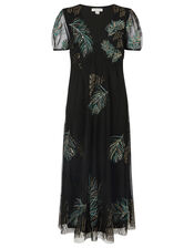 Gardenia Feather Embellished Tea Dress, Black (BLACK), large