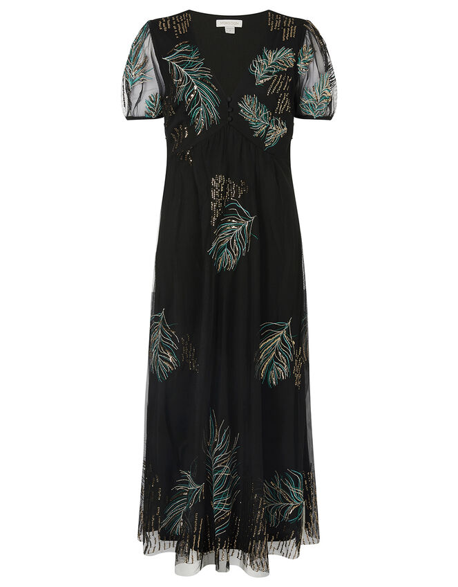 Gardenia Feather Embellished Tea Dress, Black (BLACK), large