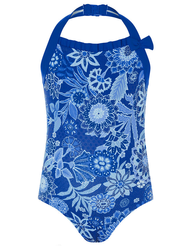 Flower Print Halter Swimsuit, Blue (BLUE), large