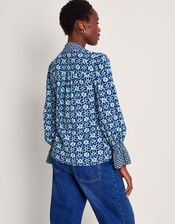 Clover Print Pussybow Blouse, Blue (NAVY), large
