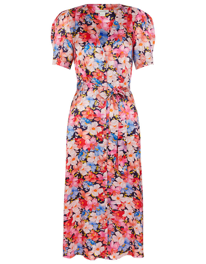 Faith Floral Print Satin Shirt Dress, Blue (NAVY), large