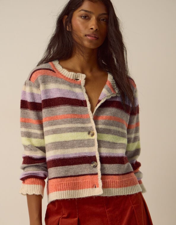 Sienna Stripe Crew Neck Cardigan, Mink (MINK), large