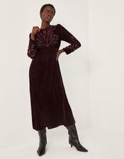 Ezra Embroidered Velvet Midi Dress, Purple (AUBERGINE), large