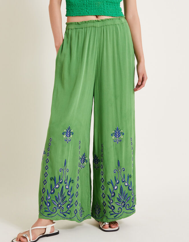 Saffron Embroidered Wide Leg Trousers, Green (GREEN), large