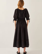 Riley Puff Sleeve Embroidered Midi Dress, Black (BLACK), large