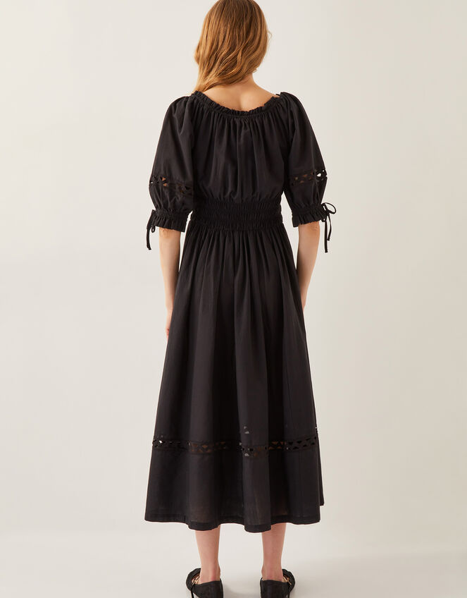 Riley Puff Sleeve Embroidered Midi Dress, Black (BLACK), large