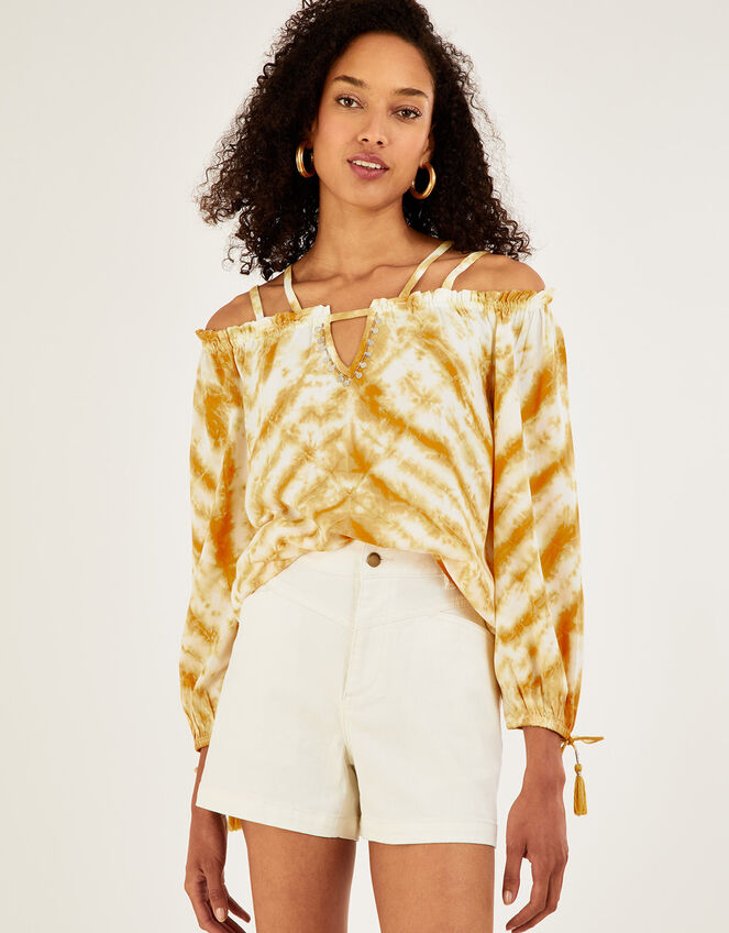 Tie Dye Printed Long Sleeve Top, Yellow (OCHRE), large