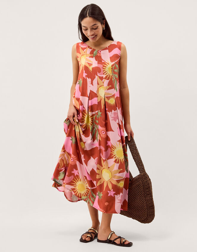 Anissa Sun Print Pleated Midi Dress, Orange (ORANGE), large