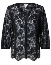 Floral Lace Button-Down Top, Black (BLACK), large
