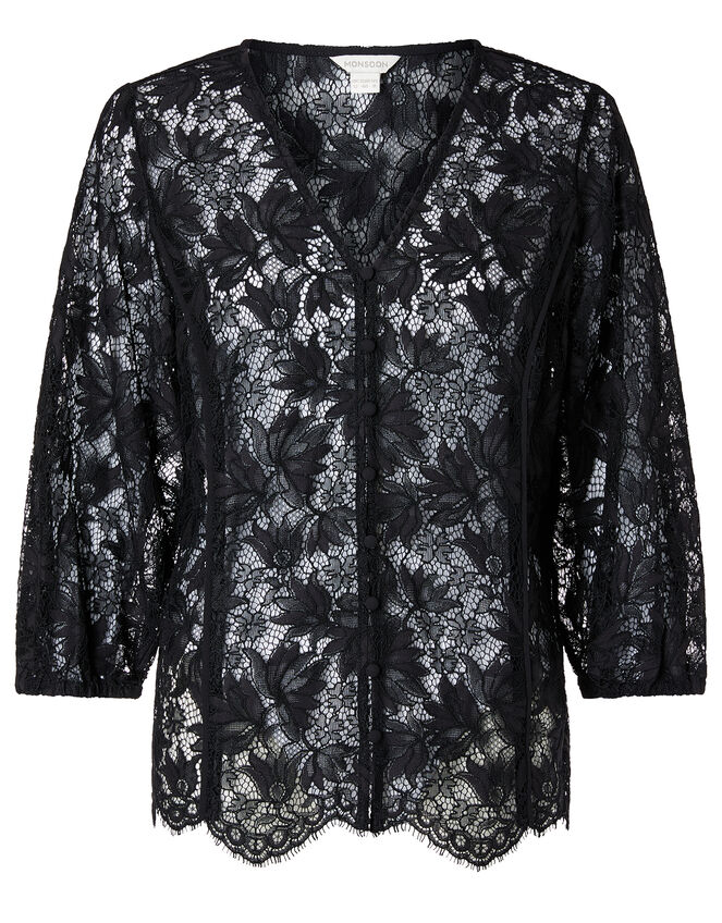 Floral Lace Button-Down Top, Black (BLACK), large