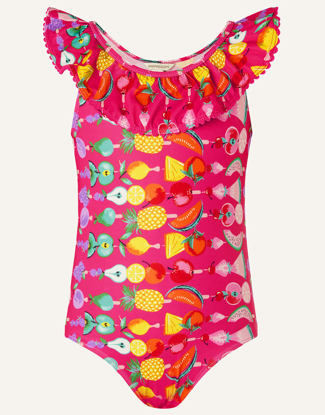 Fruit Print Frill Swimsuit, Pink (BRIGHT PINK), large