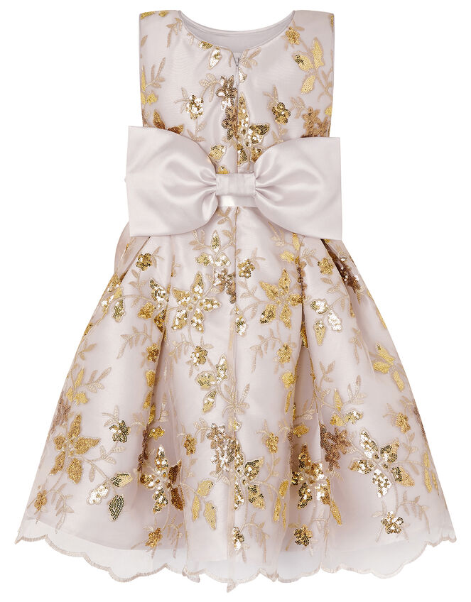 Floral Sequin Bow Back Dress, Gold (GOLD), large