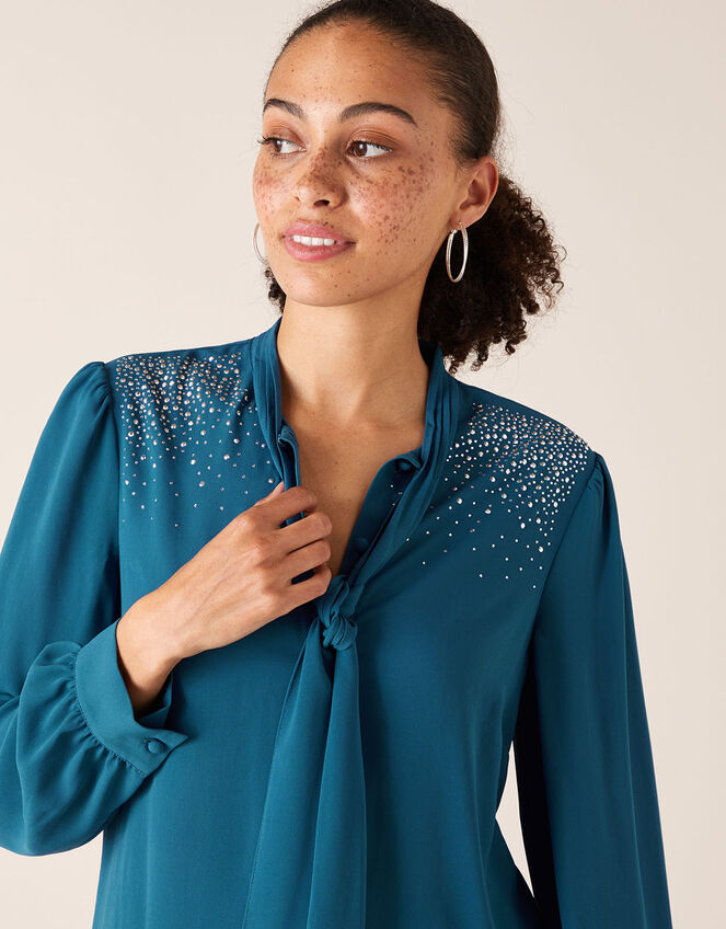 Holly Heat-Seal Gem Pussy-Bow Blouse, Teal (TEAL), large