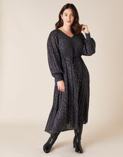 Animal Shirred Midi Dress, Grey (GREY), large