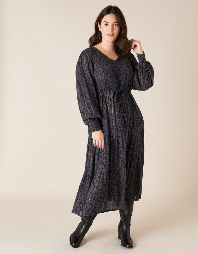 Animal Shirred Midi Dress, Grey (GREY), large