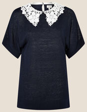 Short Sleeve Collar Jumper in Linen Blend, Blue (NAVY), large