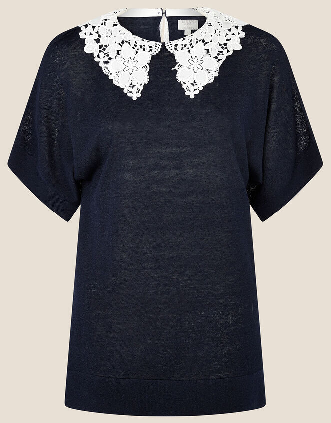 Short Sleeve Collar Jumper in Linen Blend, Blue (NAVY), large