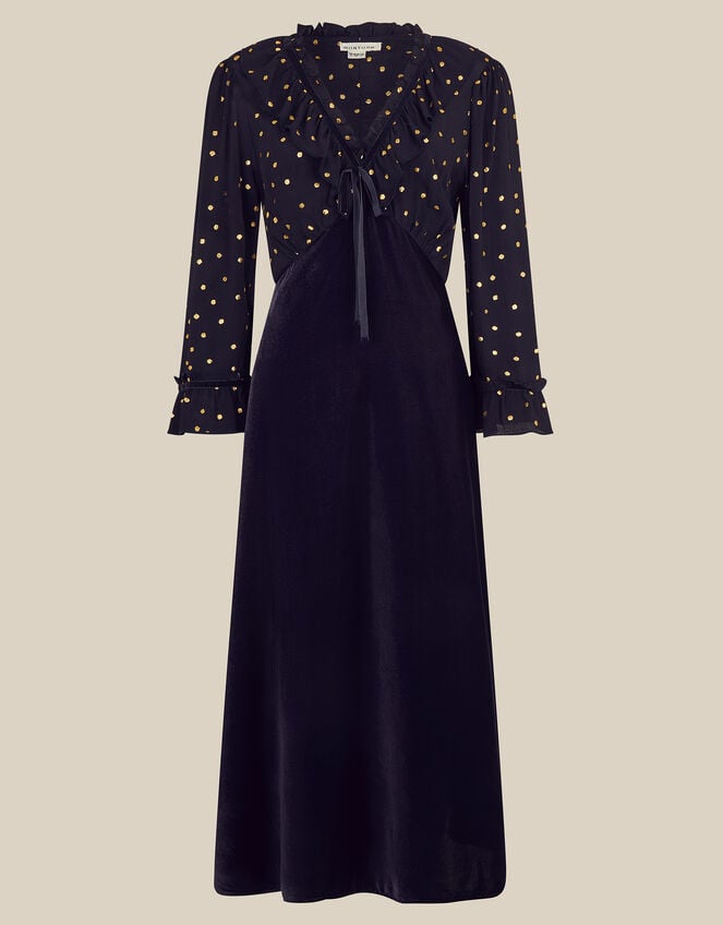 Stevie V-Neck Foil Polka Dot Velvet Midi Dress, Blue (MIDNIGHT), large