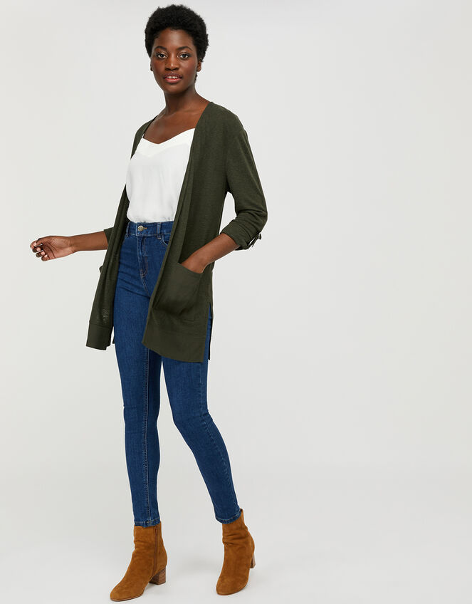 Carrie Woven Cardigan in Linen Blend, Green (KHAKI), large