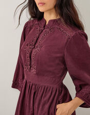 Jimena Embroidered Corduroy Midi Dress, Red (BURGUNDY), large