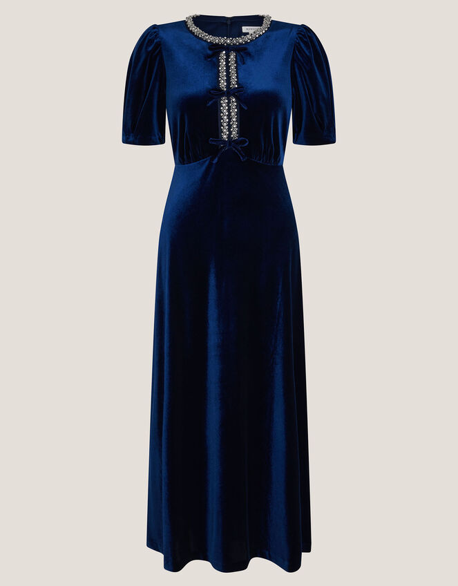 Celeste Embellished Bow Velvet Midi Dress, Blue (NAVY), large