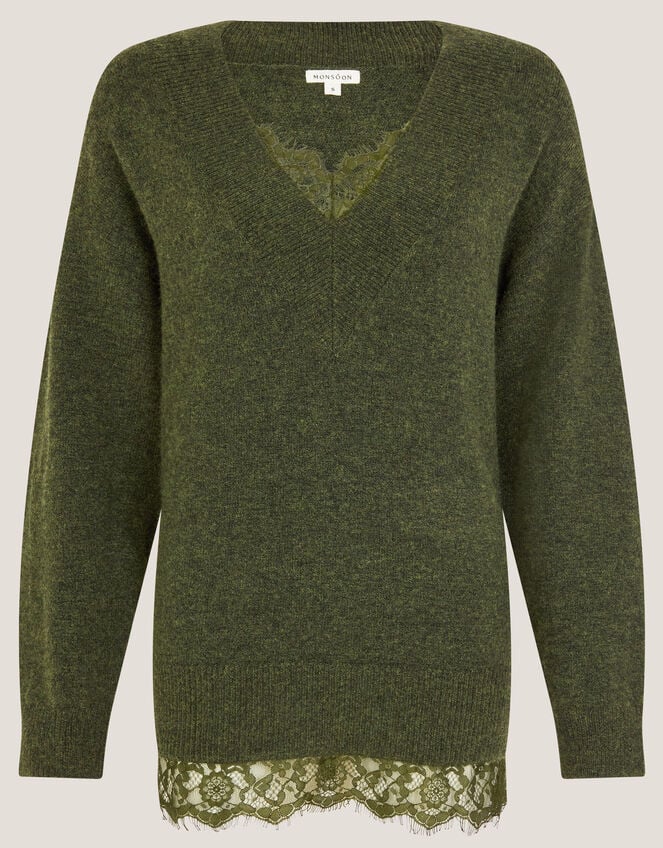 Leanne Lace V-Neck Jumper, Green (KHAKI), large