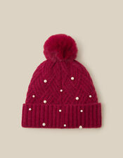 Pearl Bow Bobble Hat, Red (RED), large