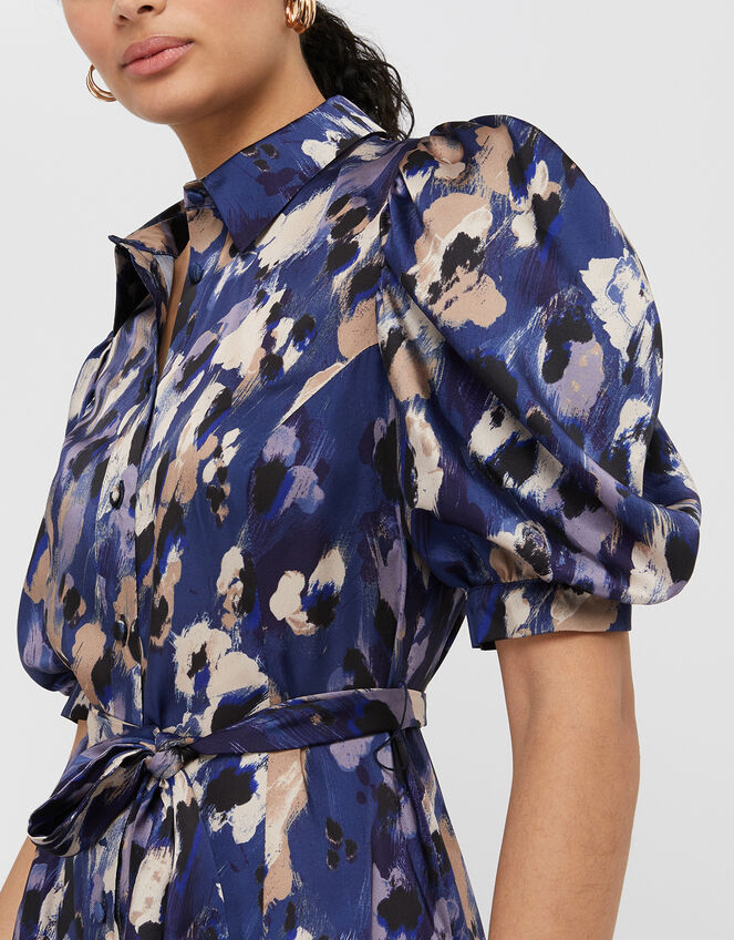 Libby Animal Print Satin Shirt Dress, Blue (BLUE), large