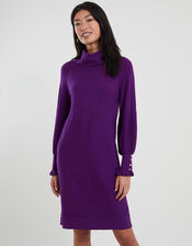 Cowl Neck Knitted Rib Dress, Purple (PURPLE), large