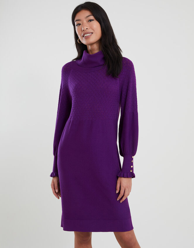 Cowl Neck Knitted Rib Dress, Purple (PURPLE), large