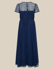 Keira Beaded Short Sleeve Prom Dress, Blue (NAVY), large