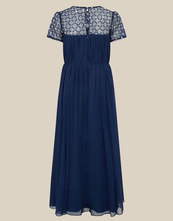 Keira Beaded Short Sleeve Prom Dress, Blue (NAVY), large