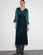Dora Polka Dot Velvet Midi Dress, Teal (TEAL), large