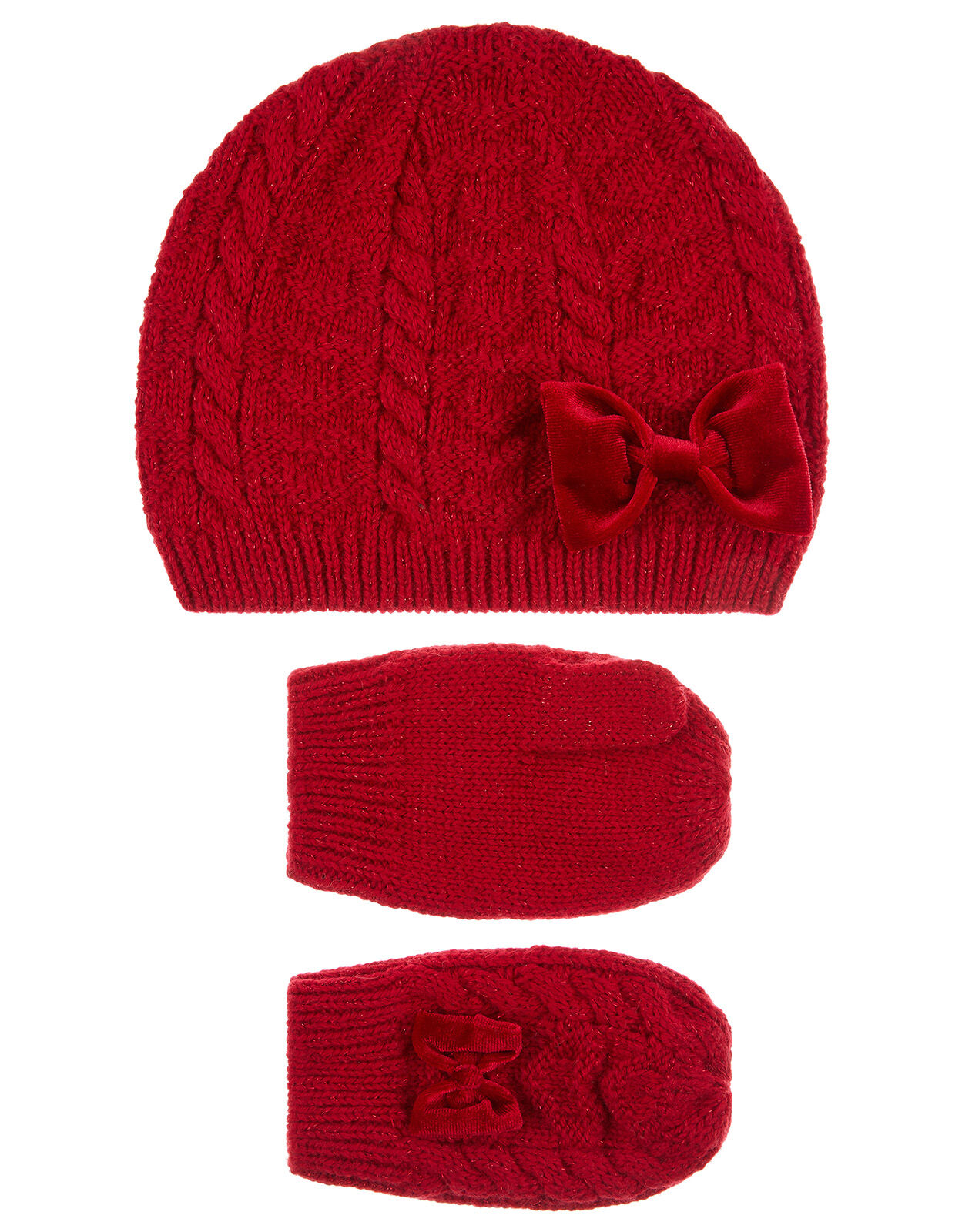 Baby Ruby Bow Beanie and Mittens Set Red Gloves Hats Scarves Monsoon UK