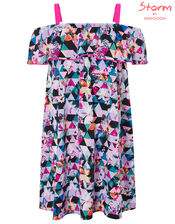 Eliza Bardot Printed Dress in Recycled Polyester, Black (BLACK), large