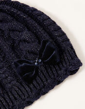 Nancy Velvet Bow Shimmer Beanie, Blue (NAVY), large