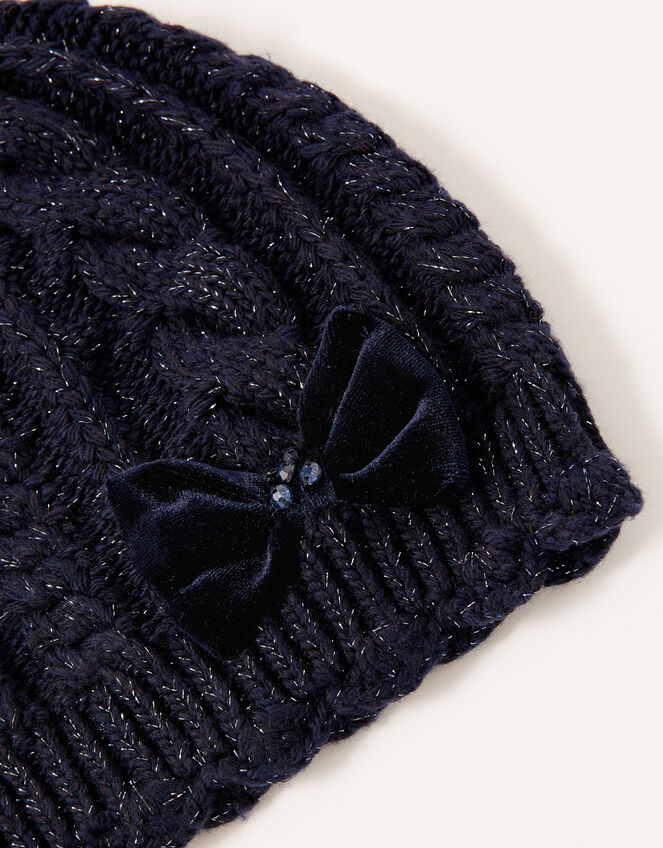 Nancy Velvet Bow Shimmer Beanie, Blue (NAVY), large