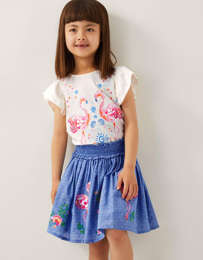 Flamingo Embellished Chambray Skirt, Blue (BLUE), large