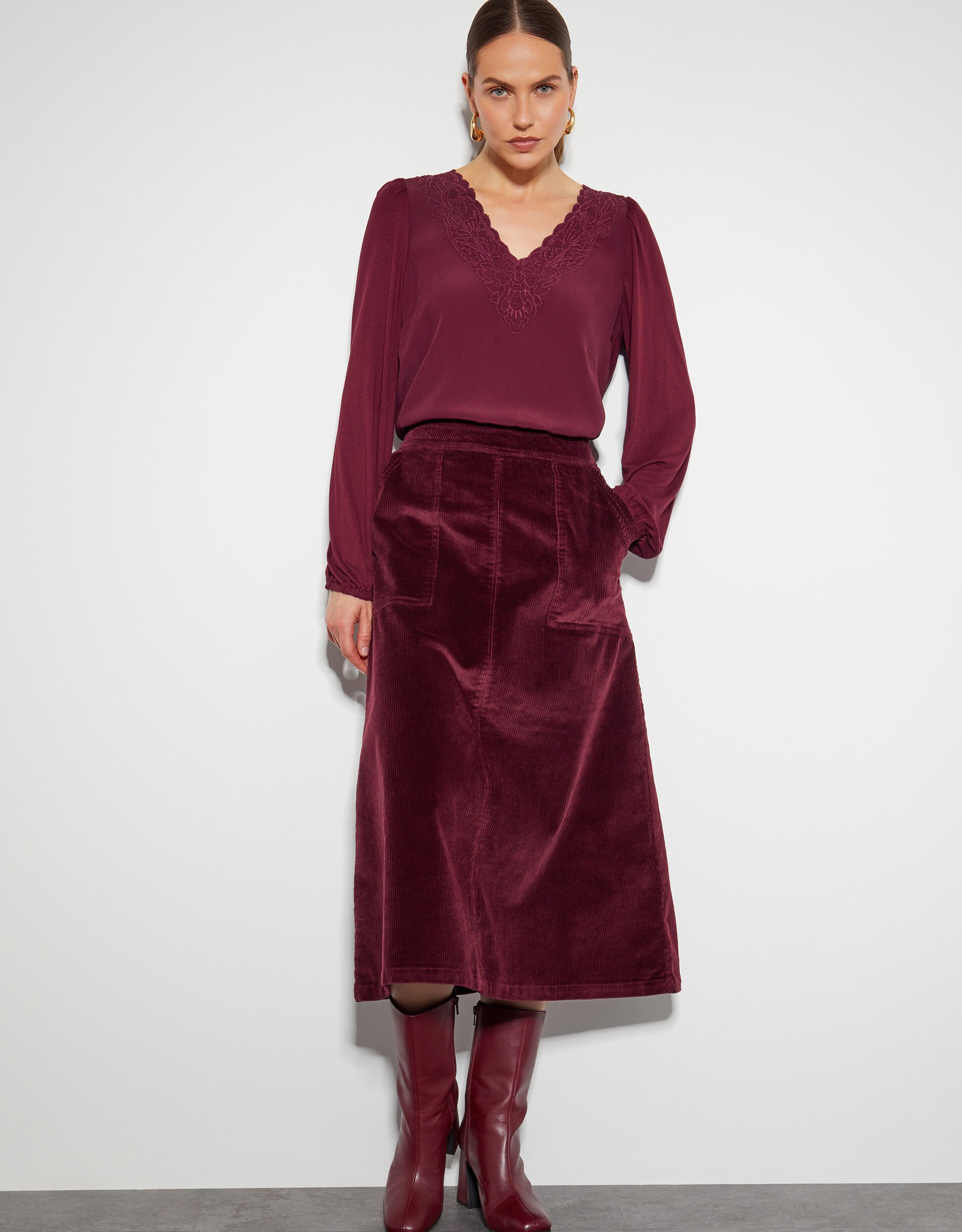 Malika Corduroy Midi Skirt Red