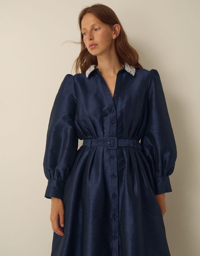 Hallie Embellished Collar Midi Shirt Dress, Blue (NAVY), large