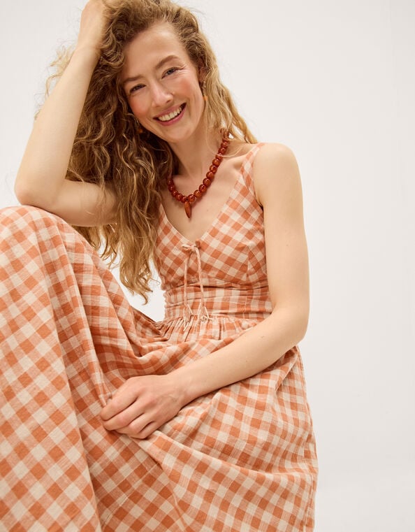 Hattie Sleeveless Gingham Midi Dress, Orange (CORAL), large