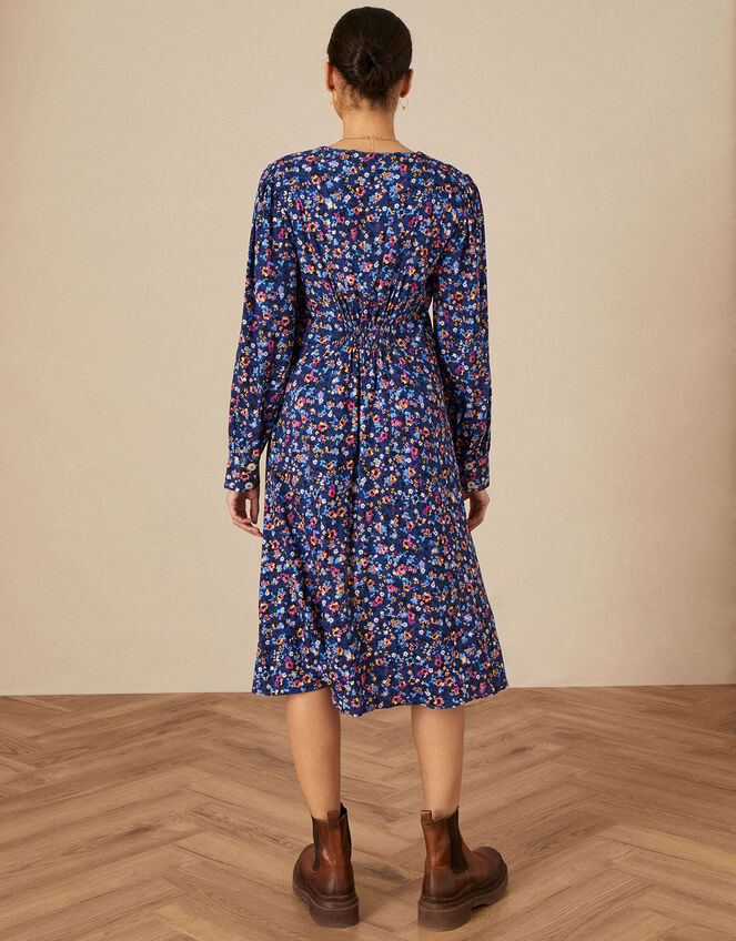 Heather Ditsy Print Wrap Dress, Blue (BLUE), large