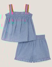 Embroidered Gingham Top & Shorts Set, Blue (BLUE), large