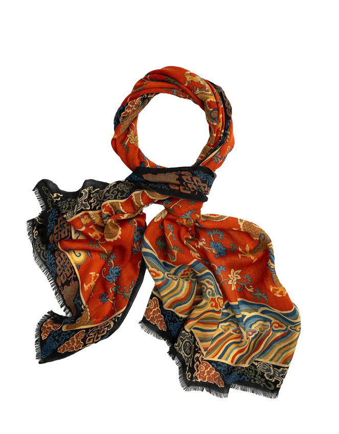 One Hundred Stars Dragon Print Wool Scarf, Orange (RUST), large