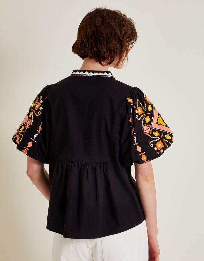 Bernie Embroidered Puff Sleeve Blouse, Black (BLACK), large