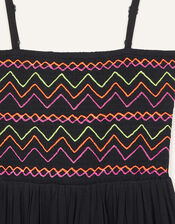 Neon Embroidered Shirred Sundress, Black (BLACK), large